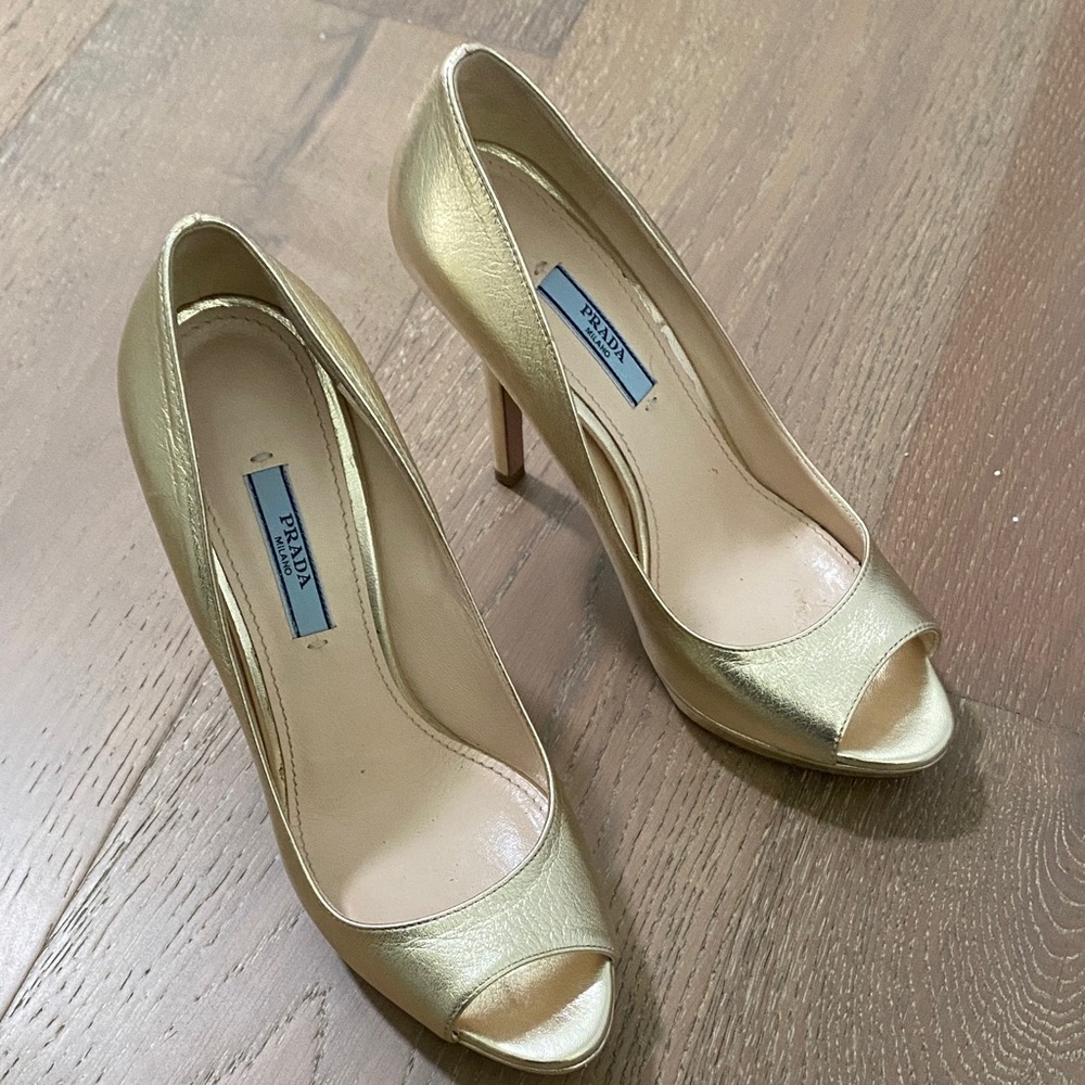 Prada Metallic Gold Peep-Toe Stiletto Heels